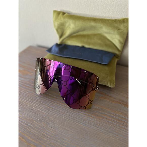 Authentic Gucci GG1244s XL Pink Logo Purple Mirror Shield Unisex Sunglasses - Picture 10 of 11